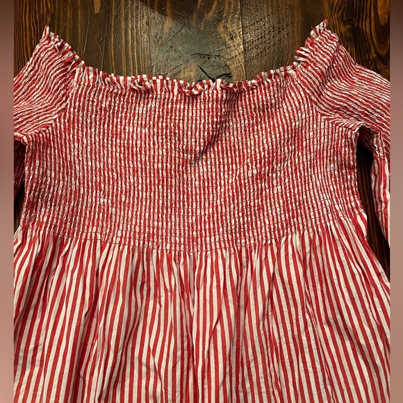 MICHAEL MICHAEL KORS Red & White Striped Off Shoulder Smocked Dress Bell Sleeve - Picture 3 of 7